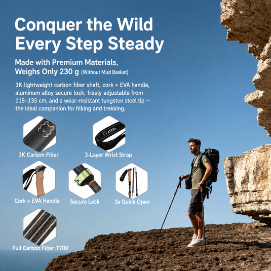 ATEPA FLYTREK Z1 Carbon Fiber Trekking Pole, 5-Section Folding Hiking Pole, 45.3-53.1" Adjustable, Cork EVA Grip, 8.1 oz, 15"