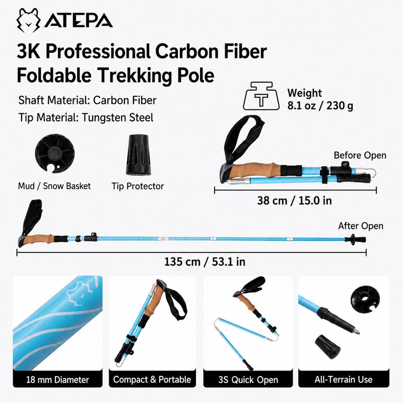 Laden Sie das Bild in Galerie -Viewer, ATEPA FLYTREK Z1 Carbon Fiber Trekking Pole, 5-Section Folding Hiking Pole Blue
