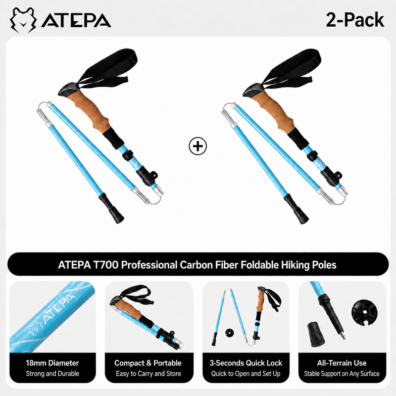 Laden Sie das Bild in Galerie -Viewer, ATEPA FLYTREK Z1 Carbon Fiber Trekking Pole, 5-Section Folding Hiking Pole cyan 2pack
