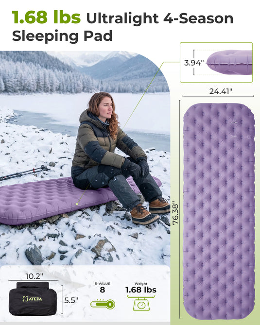 ATEPA GridX 8 Ultralight Insulated Sleeping Pad – R‑Value 8, 4‑Season Mat for Winter & Backpacking Purple