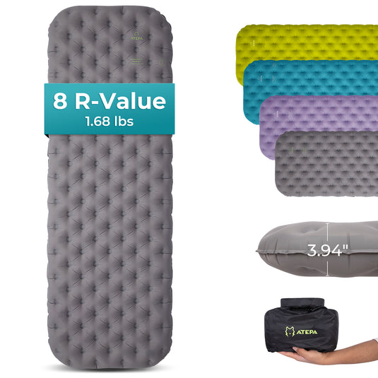 ATEPA GridX 8 Ultralight Insulated Sleeping Pad – R‑Value 8, 4‑Season Mat for Winter & Backpacking Grey