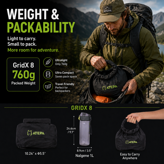 ATEPA GridX 8 Ultralight Insulated Sleeping Pad – R‑Value 8, 4‑Season Mat for Winter & Backpacking
