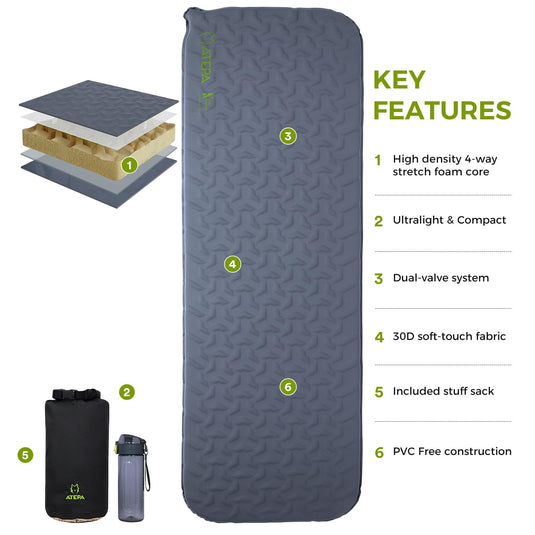 ATEPA HybridLoft 3 Ultralight Self‑Inflating Sleeping Pad – High Density 4‑way stretch foam core, 3‑Season Compact Mat with dual-value system and pvc free construction