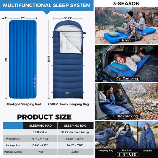ATEPA Premium Camping Sleep Kit, Convertible Down Sleeping Bag & 4-Season Insulated Sleeping Pad