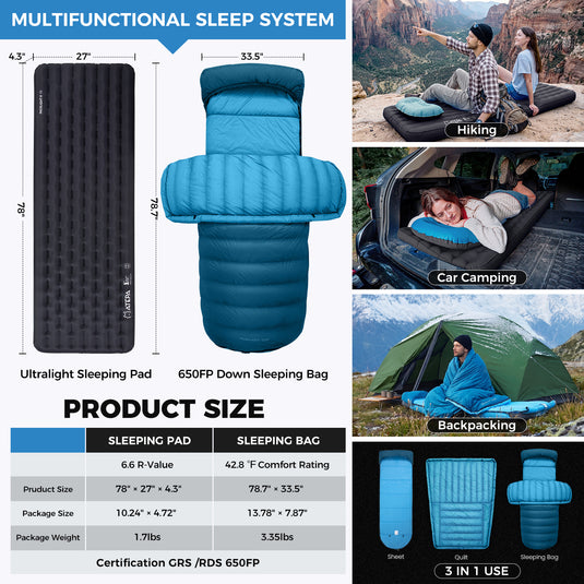 ATEPA Premium Sleep System Bundle – 4-Season Down Sleeping Bag & R-6.6 Pad