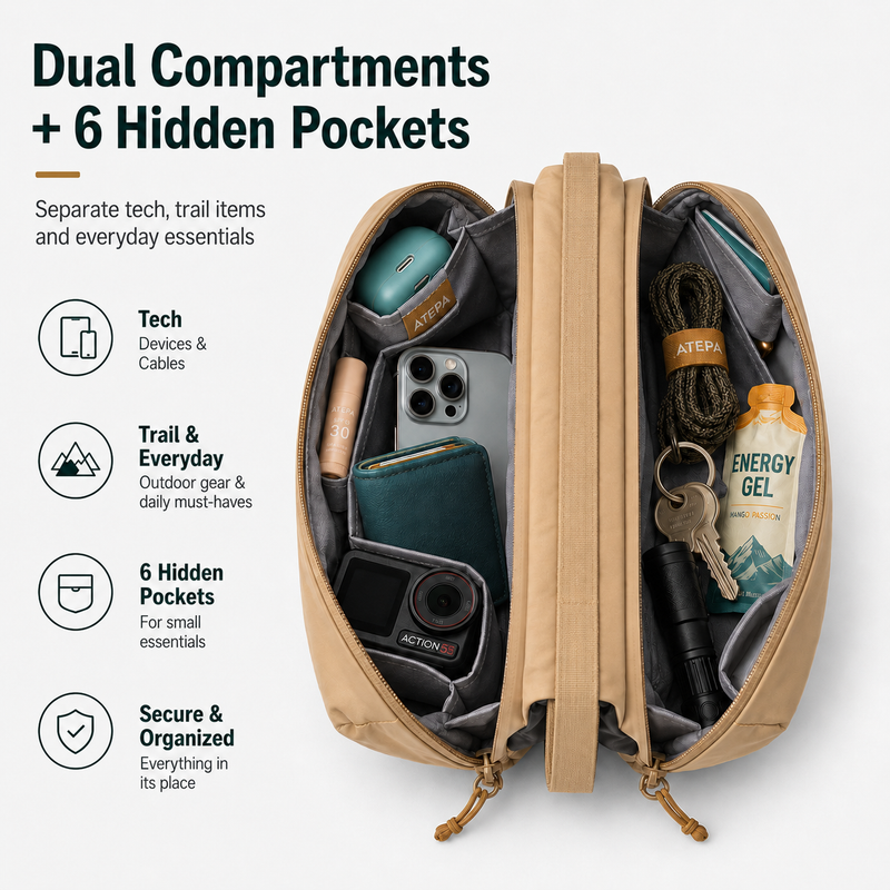 Laden Sie das Bild in Galerie -Viewer, ATEPA Rugged Mini Trail Sling Bag, 210D Ripstop Nylon Crossbody Pouch with Rope Strap, Dual Compartments &amp; Bungee Storage
