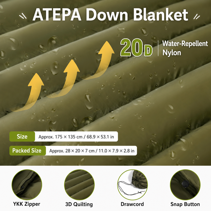 Load image into Gallery viewer, ATEPA TRIPPY 480 Down Blanket | 3-in-1 Wearable Compact Blanket with 600FP 90/10 White Duck Down, Waterproof 20D Nylon, Self-Storing for Camping, Travel &amp; Home
