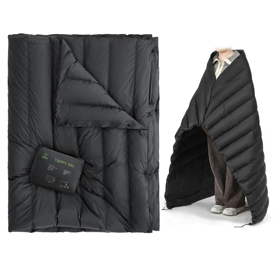 ATEPA TRIPPY 480 Down Blanket | 3-in-1 Wearable Compact Blanket with 600FP 90/10 White Duck Down, Waterproof 20D Nylon, Self-Storing for Camping, Travel & Home