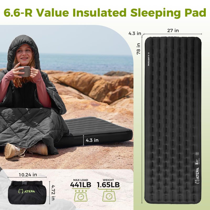 Load image into Gallery viewer, ATEPA ThermAir Pro Ultralight Sleeping Pad - R-Value 6.6 for Winter Camping, Insulated &amp; Inflatable Mat for Backpacking, 4.3&quot; Thick, Warm to -4°F
