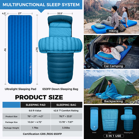 ATEPA Ultralight 4-Season Backpacking Sleep System | 700FP Down Sleeping Bag & R-Value 6.6 Sleeping Pad