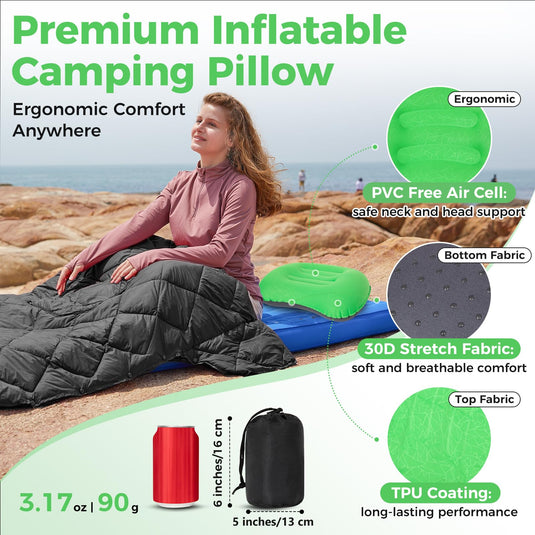 ATEPA Ultralight Inflatable Camping Pillow – Ergonomic Neck Support for Backpacking, Travel & Airplane 3-5 Sec Inflation, Leak-Proof, 90g