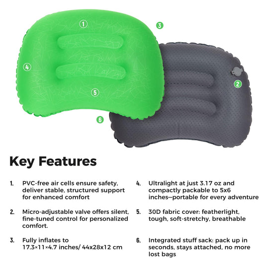 ATEPA Ultralight Inflatable Camping Pillow – Ergonomic Neck Support for Backpacking, Travel & Airplane 3-5 Sec Inflation, Leak-Proof, 90g