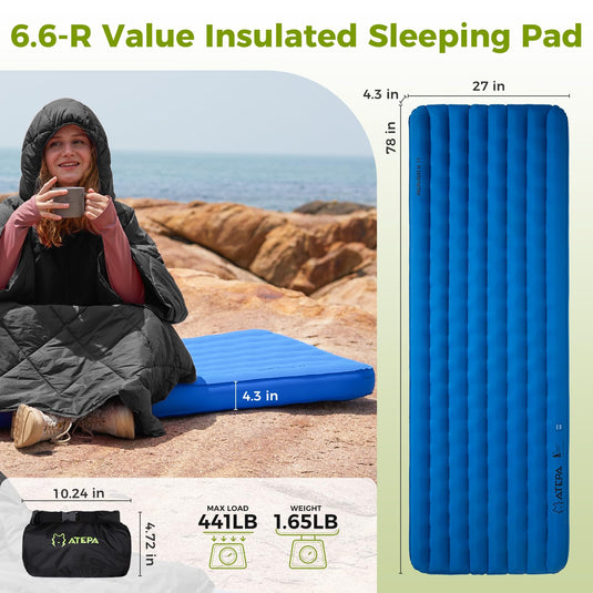 ATEPA Ultralight Insulated Inflatable Sleeping Pad R Value 6.6