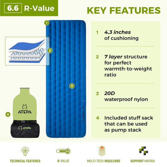 ATEPA Ultralight Insulated Inflatable Sleeping Pad R Value 6.6