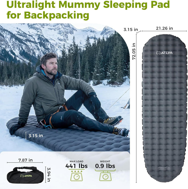Load image into Gallery viewer, ATEPA Ultralight Mummy Sleeping Pad – R-Value 4.4, 3.15" Thick Inflatable Mat for Backpacking
