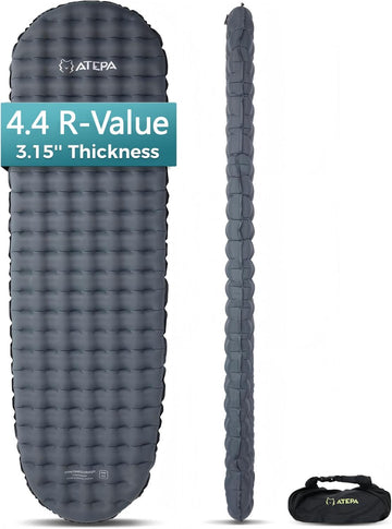 ATEPA Ultralight Mummy Sleeping Pad – R-Value 4.4, 3.15" Thick Inflatable Mat for Backpacking