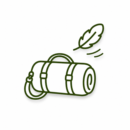 Easy to Carry A simple line-art illustration of a rolled camping sleeping pad or mat with a strap and a feather above it, shown on a plain white background.