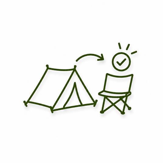 Simple Setup A simple dark green line drawing on a white background showing a tent, a folding chair, and a clock with a check mark above it.