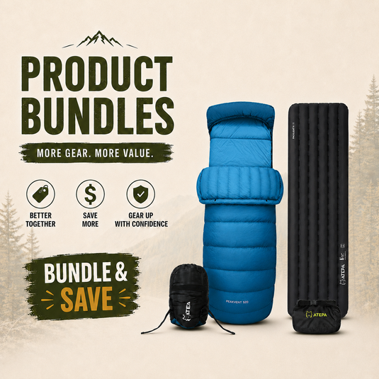 Product bundle advertisement featuring a blue sleeping bag, a black inflatable sleeping pad, and two black stuff sacks on a beige outdoor-themed background with text reading 'PRODUCT BUNDLES' and 'BUNDLE & SAVE'.