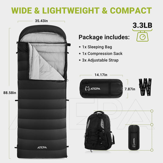 ATEPA ELEMENTS 600 Down Sleeping Bag Black Wide and Lightweight