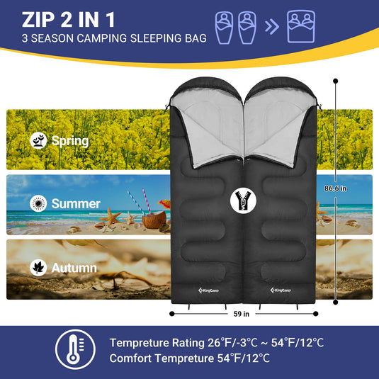KingCamp Oasis 250 Sleeping Bag-Envelope With Hood 3 Season Camping Sleeping Bag