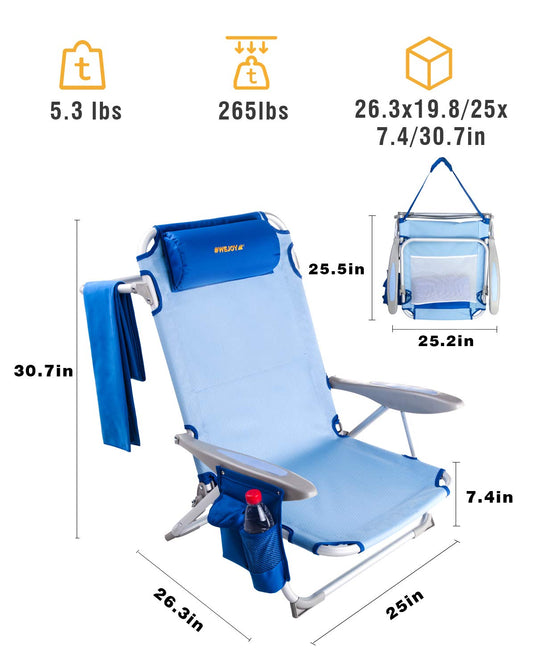 WEJOY Adjustable Beach Chair with Cup Holder and Padded Headrest