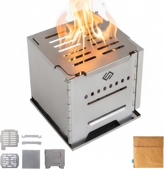 COOK'N'ESCAPE Camping Wood Burning Stove, Folding Lightweight Titanium Camping Stove, Portable Backpacking Stove for Outdoor Camping Hiking Backpacking Picnic Hunting BBQ