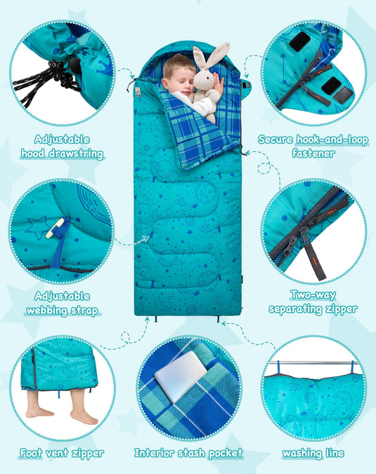 KingCamp Kids Sleeping Bag Children 3-4 Season Winter Flannel Liner Cotton Warm Lightweight Single for Camping Hiking Backpacking Outdoor with Compression Sack for Girls Boys