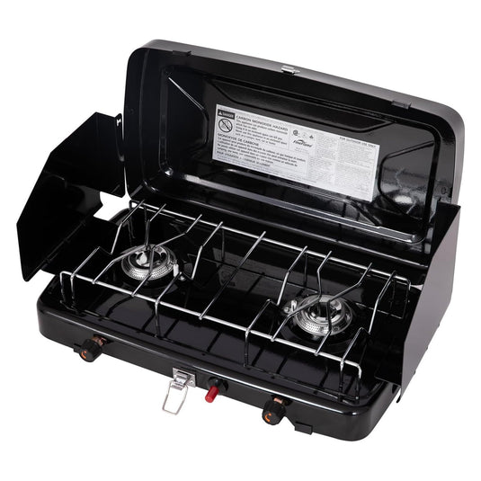 FINEFLAME 2-Burner Portable Camping Stove 6500 BTU Propane Stove with Wind Guards, Push-Button Ignition & Adjustable Flame for Outdoor Cooking, Camping & Tailgating