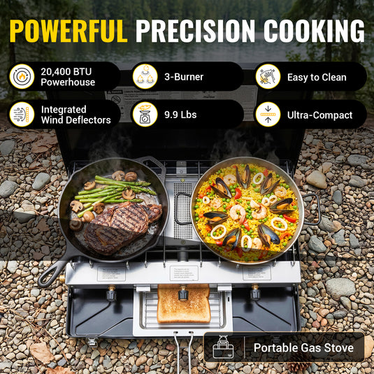 FINEFLAME Portable 3-Burner Camping Stove | 20,400 BTU High-Power Propane Stove with Integrated Wind Deflectors, Removable Griddle, Manual Ignition for Outdoor Cooking, Tailgating & RV