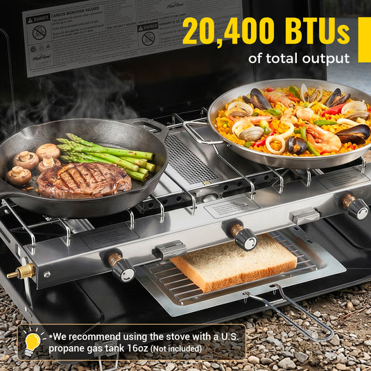 FINEFLAME Portable 3-Burner Camping Stove | 20,400 BTU High-Power Propane Stove with Integrated Wind Deflectors, Removable Griddle, Manual Ignition for Outdoor Cooking, Tailgating & RV