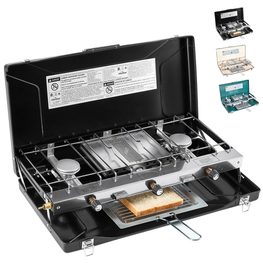 FINEFLAME Portable 3-Burner Camping Stove | 20,400 BTU High-Power Propane Stove with Integrated Wind Deflectors, Removable Griddle, Manual Ignition for Outdoor Cooking, Tailgating & RV