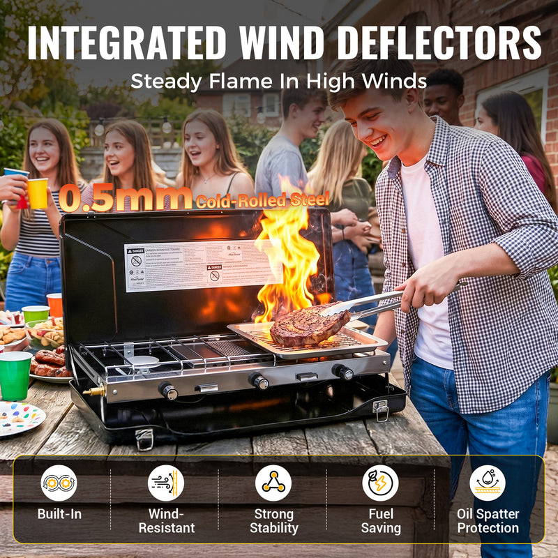 Load image into Gallery viewer, FINEFLAME Portable 3-Burner Camping Stove | 20,400 BTU High-Power Propane Stove with Integrated Wind Deflectors, Removable Griddle, Manual Ignition for Outdoor Cooking, Tailgating &amp; RV
