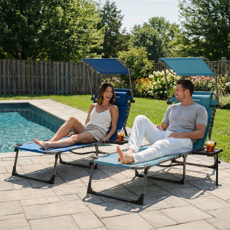 Load image into Gallery viewer, FUNDANGO 4-in-1 Chaise Lounge Chair with Face Hole &amp; Canopy Shade 400lbs Capacity Beach Chaise Lounge with Side Table
