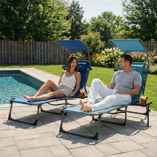 FUNDANGO 4-in-1 Chaise Lounge Chair with Face Hole & Canopy Shade 400lbs Capacity Beach Chaise Lounge with Side Table