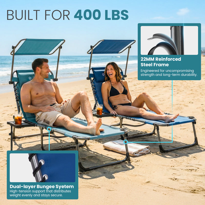 Load image into Gallery viewer, FUNDANGO 4-in-1 Chaise Lounge Chair with Face Hole &amp; Canopy Shade 400lbs Capacity Beach Chaise Lounge with Side Table
