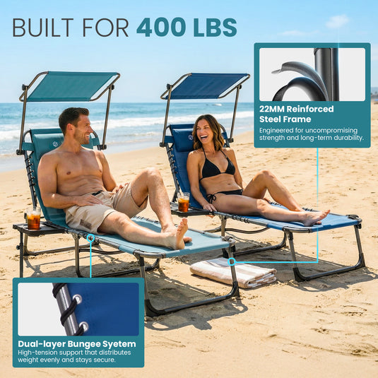 FUNDANGO 4-in-1 Chaise Lounge Chair with Face Hole & Canopy Shade 400lbs Capacity Beach Chaise Lounge with Side Table