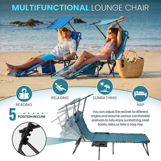 FUNDANGO 4-in-1 Chaise Lounge Chair with Face Hole & Canopy Shade 400lbs Capacity Beach Chaise Lounge with Side Table, 5-Position Adjustable Sun Lounger for Pool, Patio, Lawn & Sunbathing