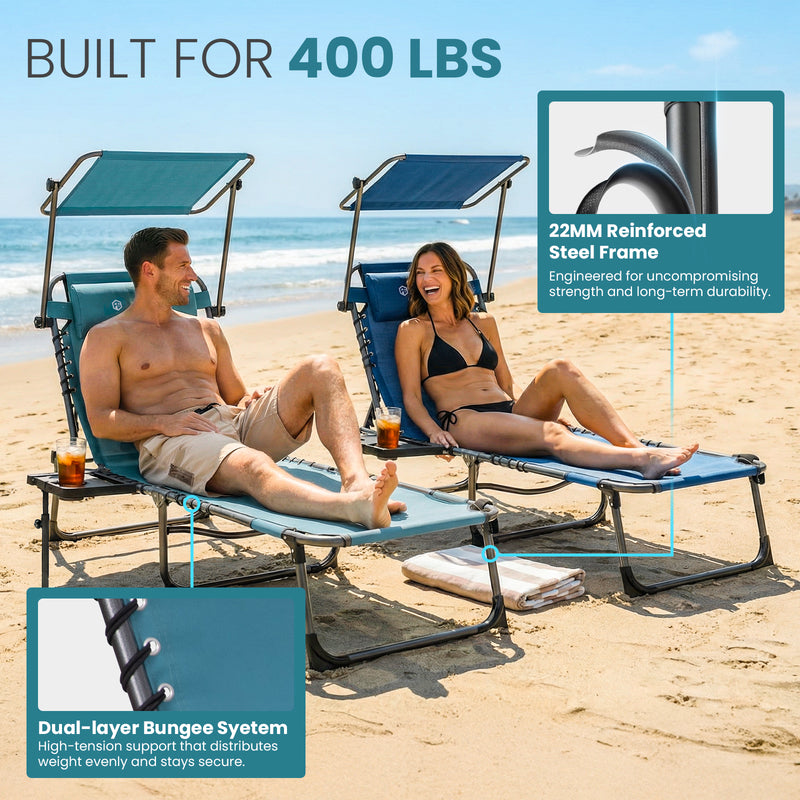 Load image into Gallery viewer, FUNDANGO 4-in-1 Tanning Lounge Chair with Face Hole &amp; Canopy Shade 400lbs Capacity Beach Chaise Lounge with Side Table, 5-Position Adjustable Sun Lounger for Pool, Patio, Lawn &amp; Sunbathing
