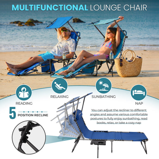 FUNDANGO 400lbs Capacity Beach Chaise Lounge with Side Table, 5-Position Adjustable Sun Lounger for Pool, Patio, Lawn & Sunbathing