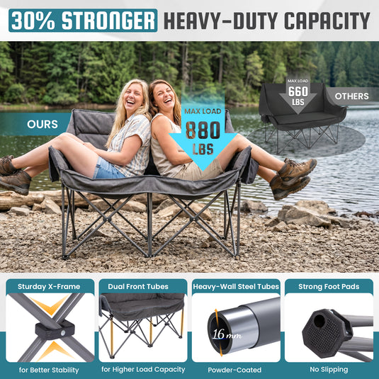 FUNDANGO Aurora Luxia P2 Double Camping Chair | Oversized Loveseat for Two with 450g Ultra-Thick Padding, Cup Holders & Mesh Pocket, 880lb Capacity