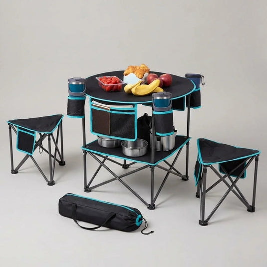 FUNDANGO Double-Deck Table + 2-Pack Heavy Duty Tripod Stools, Portable Outdoor Seating & Dining Set for Beach, Picnic & RV