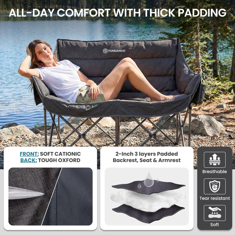 Load image into Gallery viewer, FUNDANGO Double Camping Chair | Oversized Loveseat for Two with 450g Ultra-Thick Padding, Cup Holders &amp; Mesh Pocket, 880lb Capacity Portable Folding Couch for Beach, Camping &amp; Tailgating

