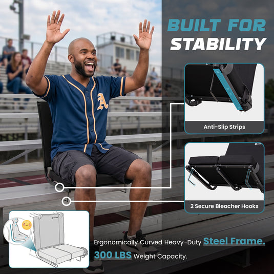 FUNDANGO Extra Wide Stadium Seat with Back Support - Portable Folding Bleacher Chair for Football, Baseball, Concerts & Outdoor Events