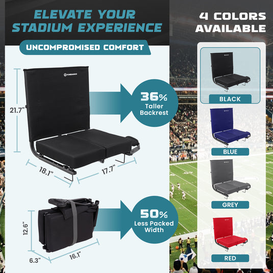 FUNDANGO Extra Wide Stadium Seat with Back Support - Portable Folding Bleacher Chair for Football, Baseball, Concerts & Outdoor Events