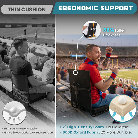 FUNDANGO Extra Wide Stadium Seat with Back Support - Portable Folding Bleacher Chair for Football, Baseball, Concerts & Outdoor Events