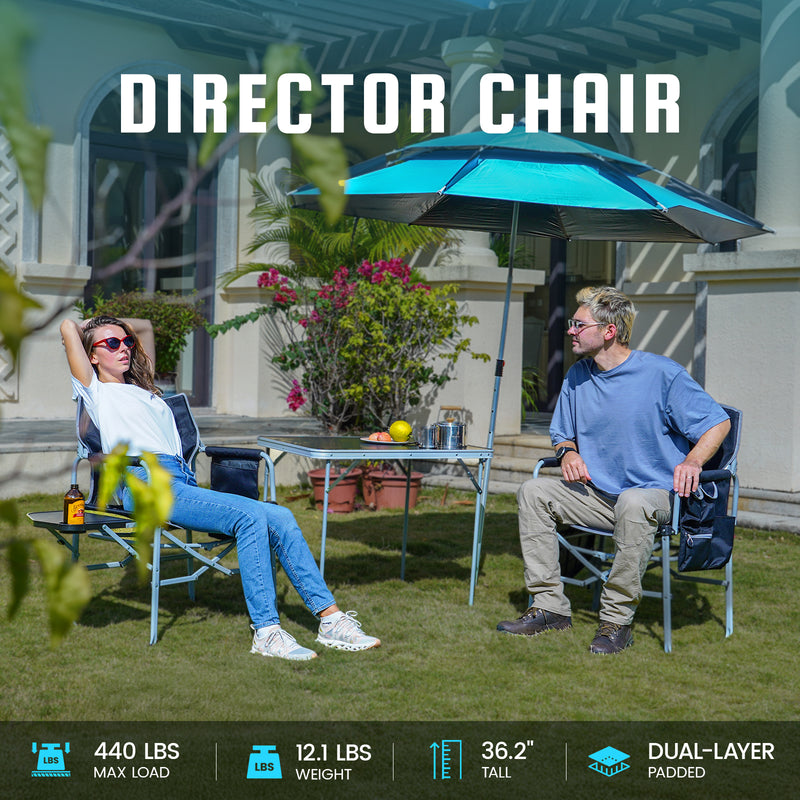 Load image into Gallery viewer, FUNDANGO FoldPro Basic L Portable Director Chair | Heavy Duty 440lb Capacity Folding Camp Chair with Side Table, Breathable Mesh Back &amp; Padded Seat for Camping, Tailgating &amp; Lawn

