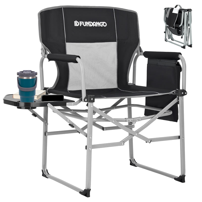 Load image into Gallery viewer, FUNDANGO FoldPro Basic L Portable Director Chair | Heavy Duty 440lb Capacity Folding Camp Chair with Side Table, Breathable Mesh Back &amp; Padded Seat for Camping, Tailgating &amp; Lawn

