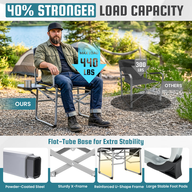 Load image into Gallery viewer, FUNDANGO FoldPro Basic L Portable Director Chair | Heavy Duty 440lb Capacity Folding Camp Chair with Side Table, Breathable Mesh Back &amp; Padded Seat for Camping, Tailgating &amp; Lawn
