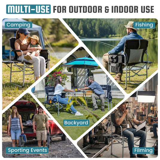 FUNDANGO FoldPro Basic L Portable Director Chair | Heavy Duty 440lb Capacity Folding Camp Chair with Side Table, Breathable Mesh Back & Padded Seat for Camping, Tailgating & Lawn